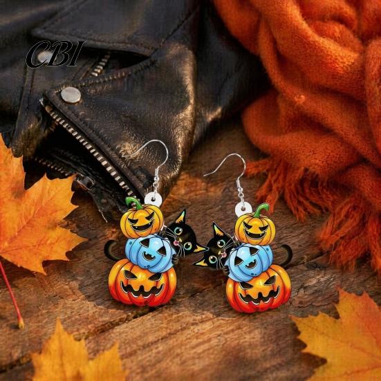 Lightweight Ear Jewelry for Teens 1 Pair Halloween Drop Dangle Earrings Women, Acrylic Pumpkin Durable Non Fading Black Cat Earrings, Holiday