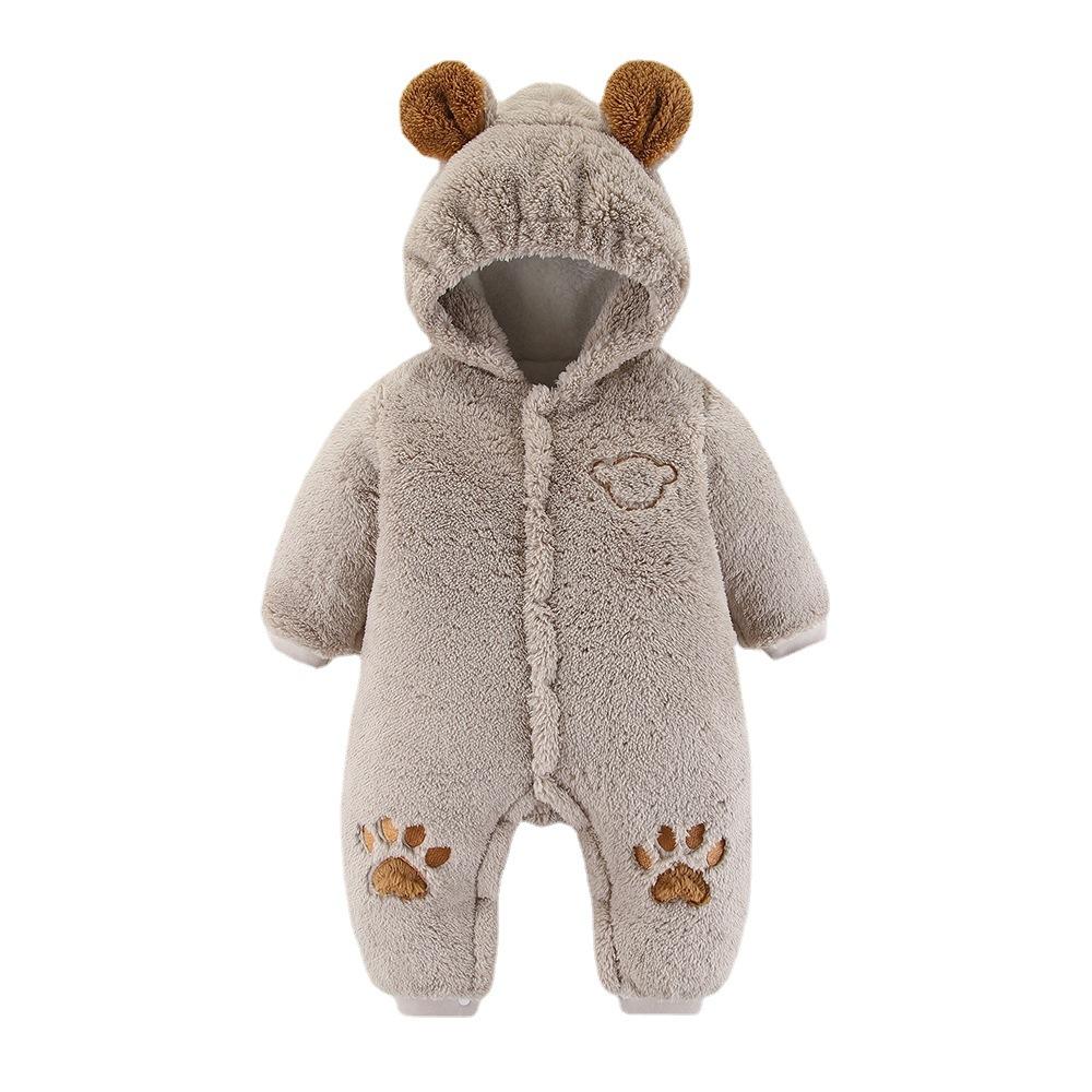 Зимний детский ромпер с ушками, утолщенный хлопковый боди для новорожденных, одежда для девочки с капюшоном, мультяшный комбинезон для мальчиков 0-24 месяца