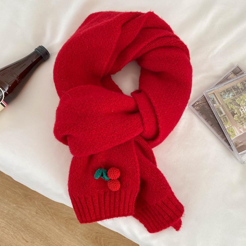 Cherry Knitted Wool Scarf Female Winter Cute Girl Soft Girl Small Fresh Versatile Student Warm Scarf