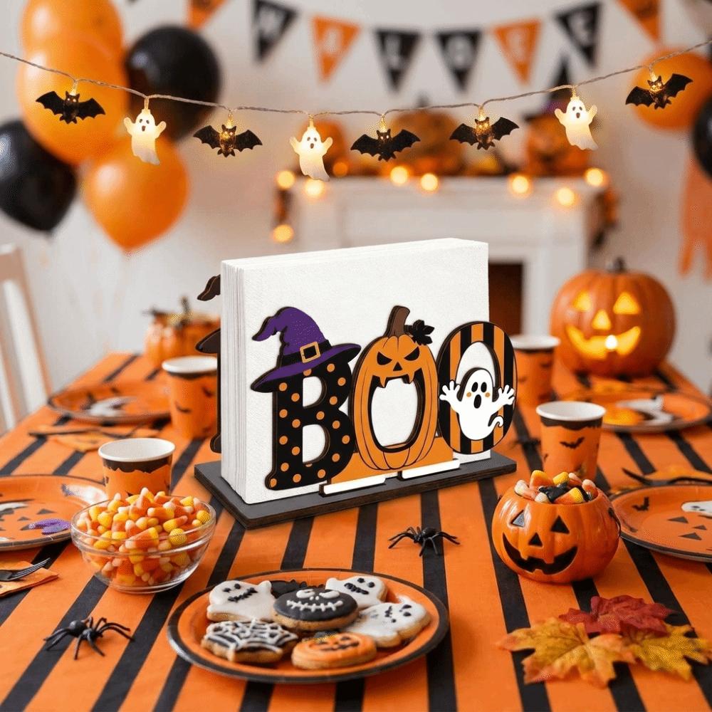Wood Wooden Napkin Holder Ghost Pattern 2D Flat Tissue Holder Holiday Party