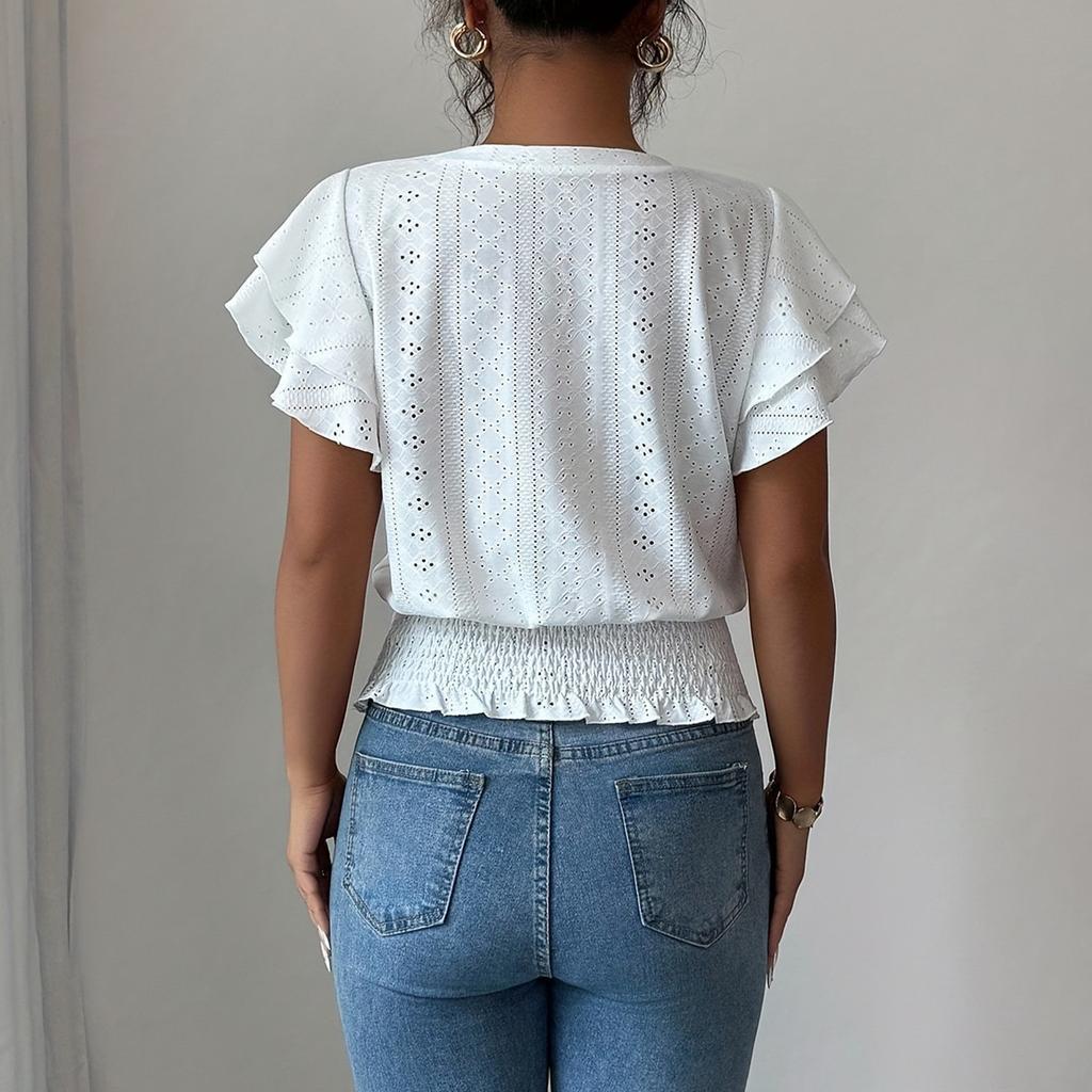 Женская повседневная футболка с круглым вырезом и короткими рукавами, с ажурными рукавами