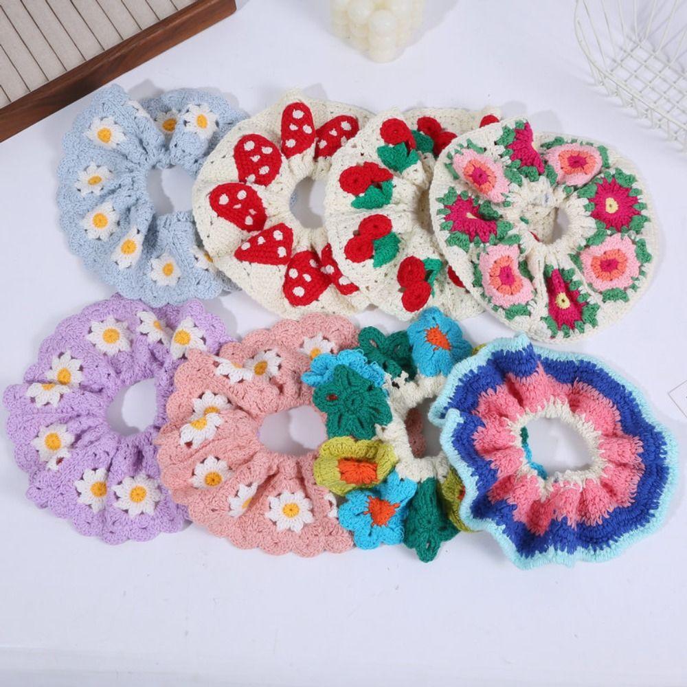 Bohemian Style Knitted Hair Rope Flores Ponytail Hair Band Crocheted Flower Scrunchies Women