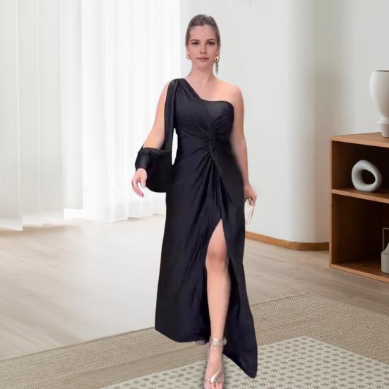 Lady Evening Dress One Shoulder Single Open Sleeve Split Hem Solid Color Slim Waist Pleated Knot Decor Solid Color Prom