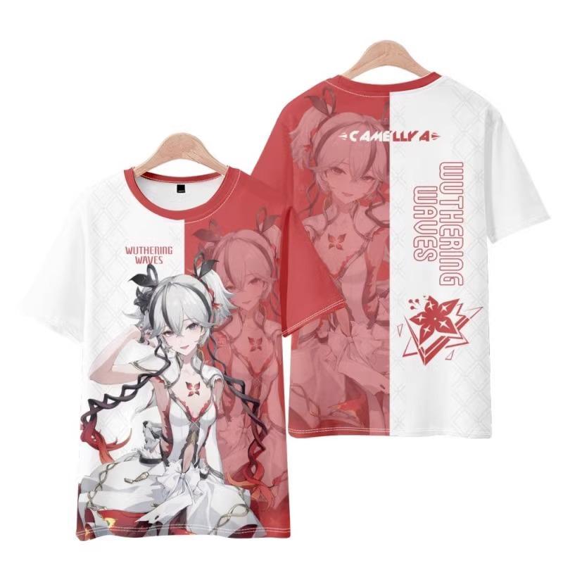 Game Anime Character 3D Printed T-shirt, Double Sided Red White Graphic Short Sleeve Casual Streetwear Top