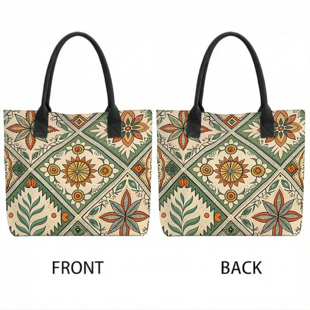 Bohemian Floral Printed Canvas Tote Bag Large Capacity Fashion Casual Shoulder Bag for Daily Use