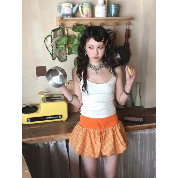 Korean Orange Plaid Tulip Skirt - Women's Summer Elastic Drawstring Short Skirt