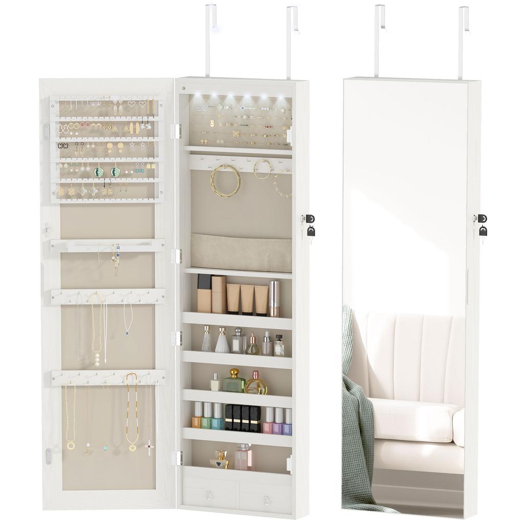 Jewelry Mirror with LED Light Jewelry Cabinet Wall or Door Mounted with Lock Full Mirror White