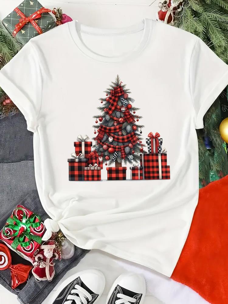 (Asian Size) Print Merry Christmas O-neck Women's Top New Year T Clothing Tree Lovely Style Cute Short Sleeve T-shirts Fashion Holiday Graphic Tee