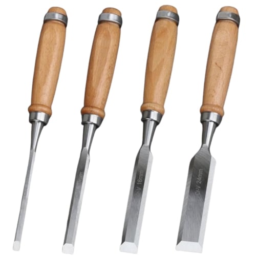 Set of 4 Flat Chisels, Chrome Vanadium Steel, for Wood Carving, Chamfering, Finishing, Flat Chisels, Carving Chisels, DIY Tools, Woodworking Chisels,