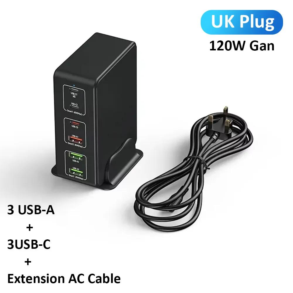 QC3.0 PPS PD 65W 6-портовая зарядка Gan 120W Зарядная станция 3C+3A для iPhone Samsung Xiaomi Смартфон Ноутбук Настольный ПК Быстрая зарядка