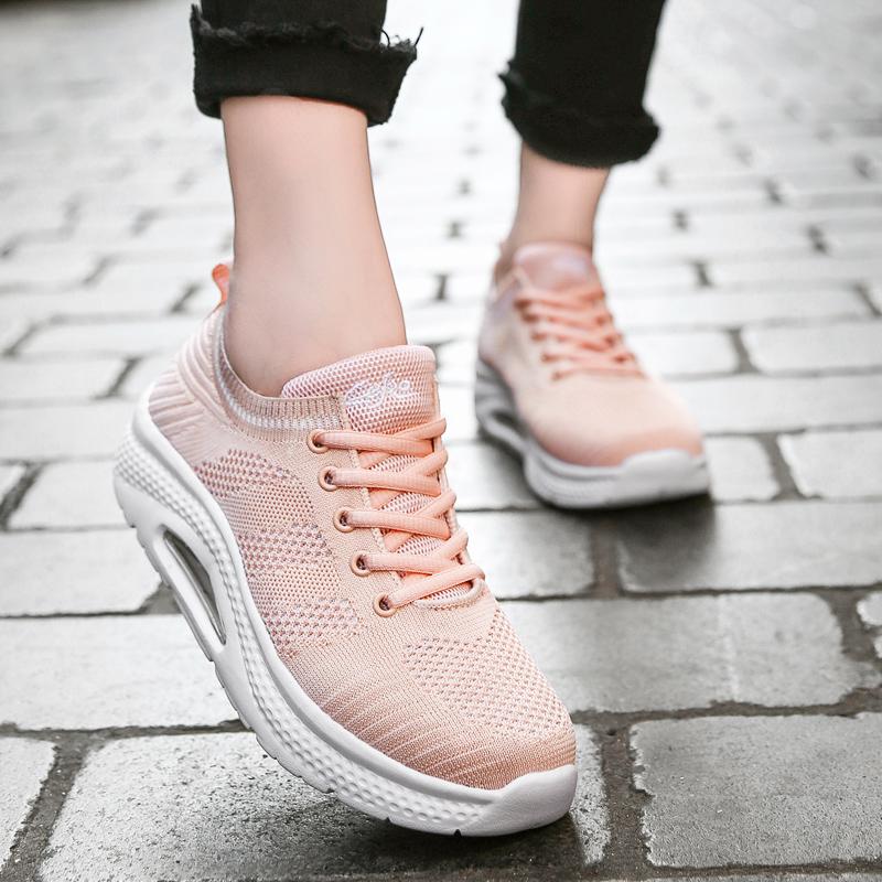 Women's Breathable Air Mesh Ankle Swing Shoes Lace Up Casual Sneakers Wedges Height Increase Platform Shoes for Female