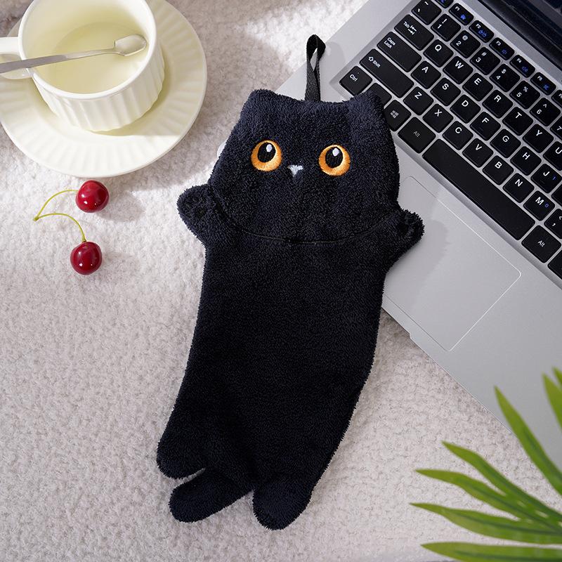 Soft Cartoon Cat Hand Towel Black Cat Hanging Towels Quick Drying Kitchen Bathroom Wipe Towel Absorption Cleaning Towels