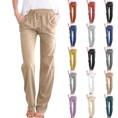 Женские повседневные хлопковые и льняные однотонные длинные прямые брюки с эластичной резинкой на талии