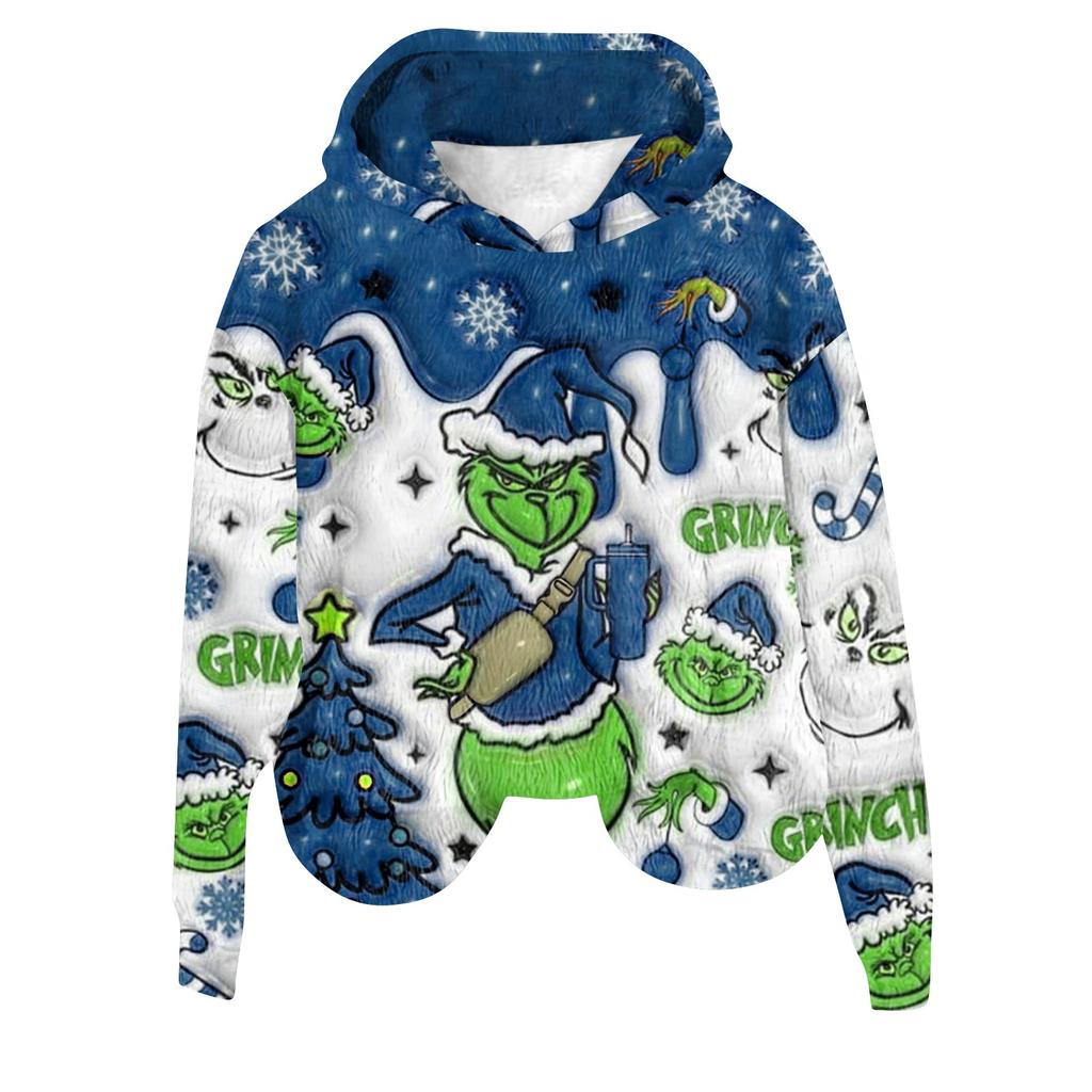 Women's Hooded Long Sleeve Christmas Printed Flannel Top Hooded Sweatshirt