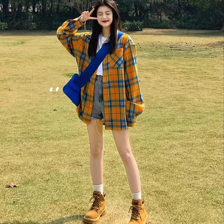 Korean chic spring and autumn new French yellow plaid shirt shirt jacket women's loose small long-sleeved top
