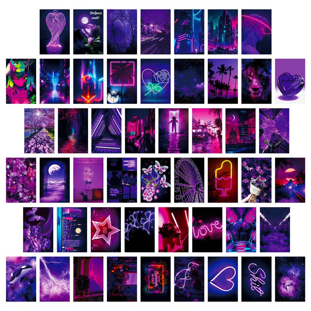 50pcs Purple Neon Images Wall Kit Dorm Decor For Teens Girls Wall Art Posters