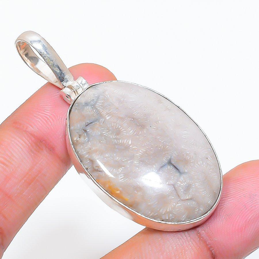 Natural Fossil Coral Gemstone 925 Sterling Silver Jewelry Pendant 2.17" ZS-574