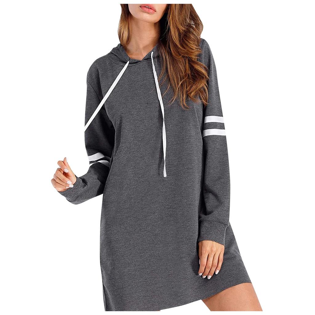 Women's Contrasting Color Long Sleeve Hooded Pocket Pullover Hooded Dress