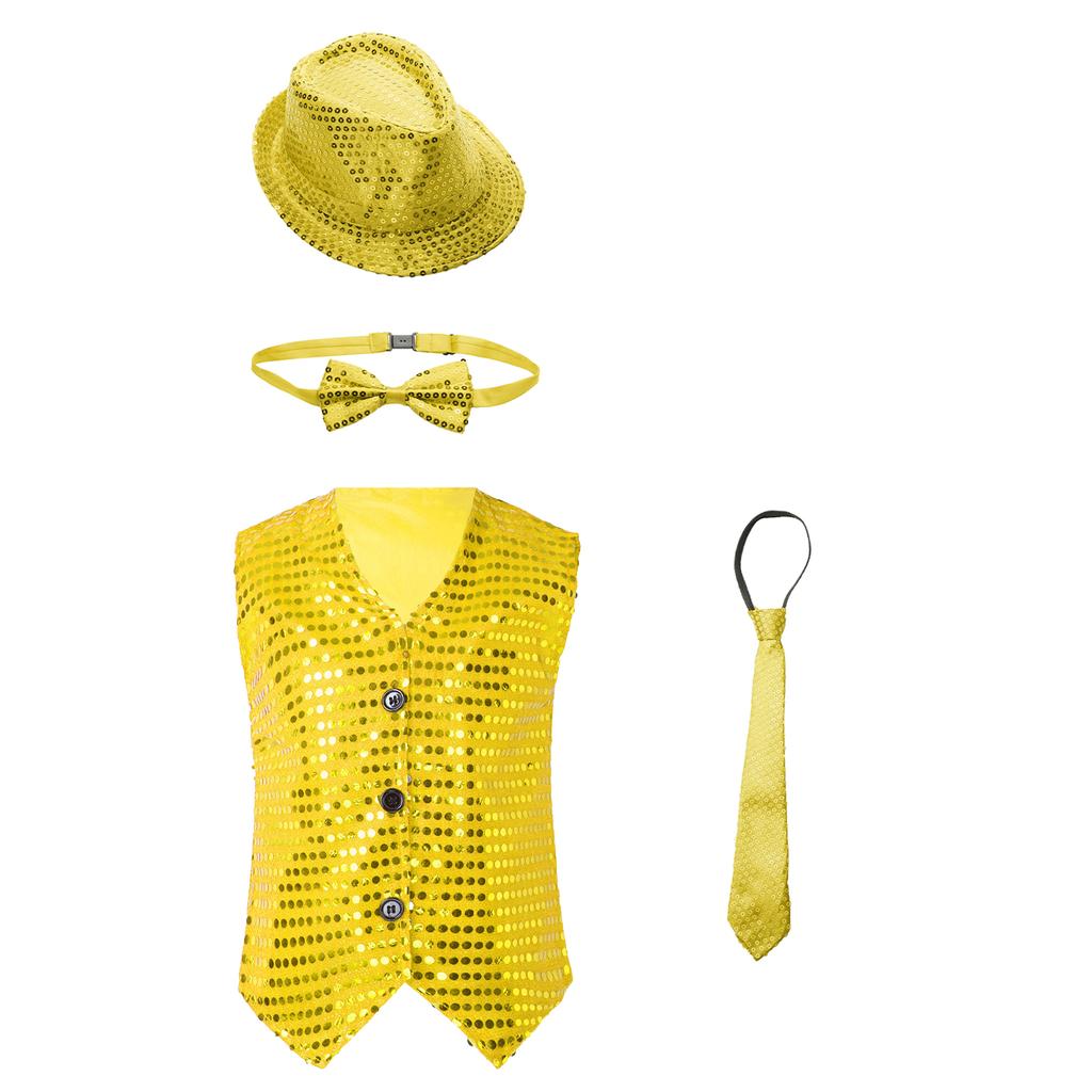 Boys Glittery Dance Vest Sleeveless V Neck Sequin Buttons Vest Set with Hat Bowtie for Jazz Stage Performances