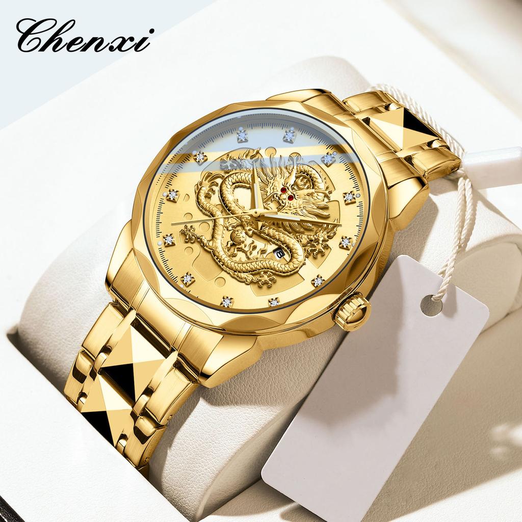 Chenxi Роскошные кварцевые часы с рельефным золотым драконом, мужские часы, оригинальный дизайн, водонепроницаемые, кварцевый механизм, стрелки часов