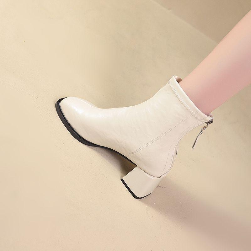 Coarse heel square head short boots, thick sole heightened white velvet small short boots for women's 2025 autumn and winter new Korean version versat
