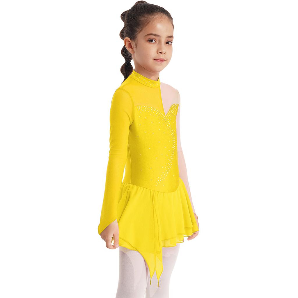 Girls Performance Dress Long Sleeve Round Neck Patchwork Design Hollow Back Rhinestone Skating Wear