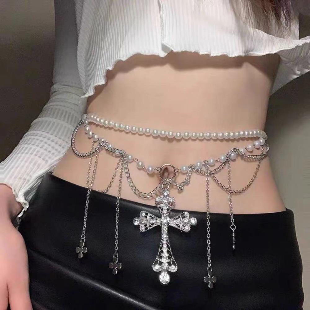 Acrylic Beads Y2K Silver Waist Chain Adjustable Crystal Tassel Waistband Waist Seal