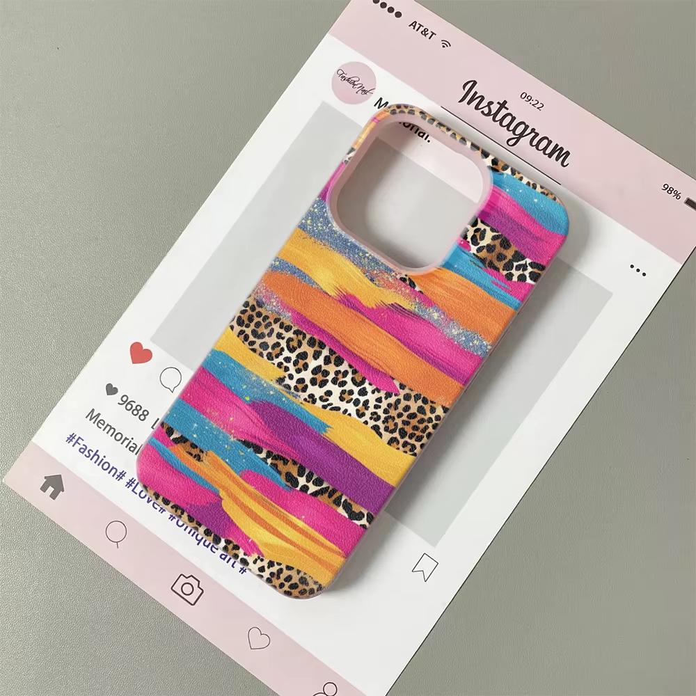 Чехол для телефона iPhone 17 17Air 16 15 14 13 12 11 Pro Max Цветной пигментный леопардовый принт Текстура личи Силиконовый мягкий чехол Funda