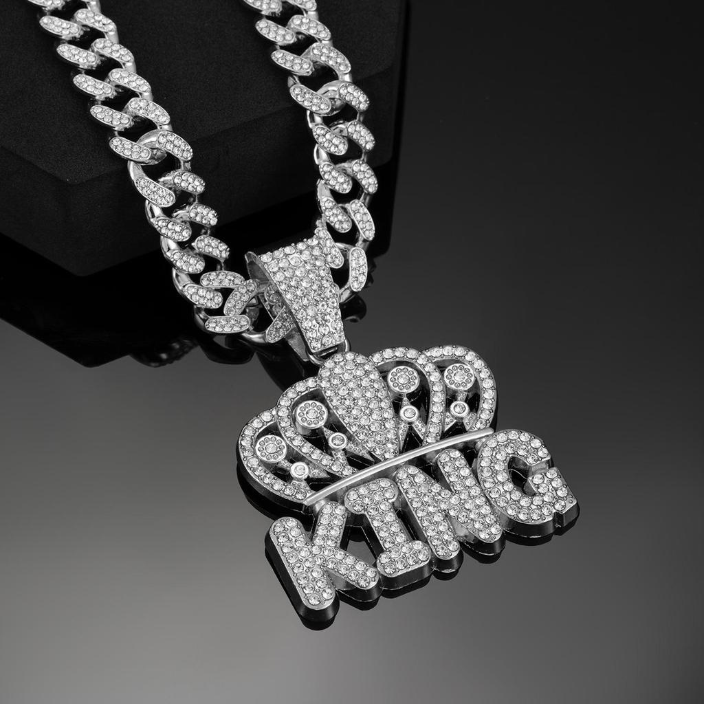 King Cuban Pendant Necklace with Alloy Rhinestone Crown - European & American Hip Hop Jewelry.