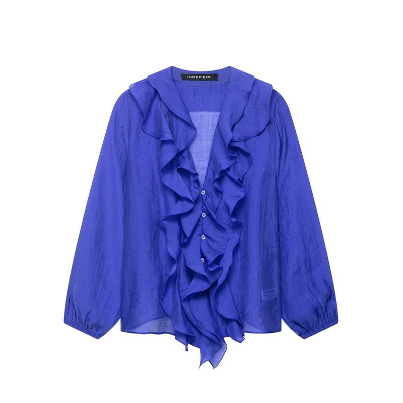 Kaslead New Arrival Women's Clothing Fashion Style Fashion Laminated Decoration Puffy Long Sleeves V-neck Shirt 9479040