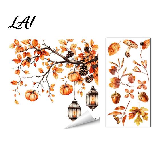 Autumn Pastoral Theme Window Art Static Sticker with Cute Animals & Maple Leaves Removable Harvest Durable Clings for Store Fronts Festival