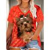 Женская симпатичная футболка с 3D-принтом йоркширского терьера, красный летний топ с короткими рукавами и V-образным вырезом, с рисунком животных