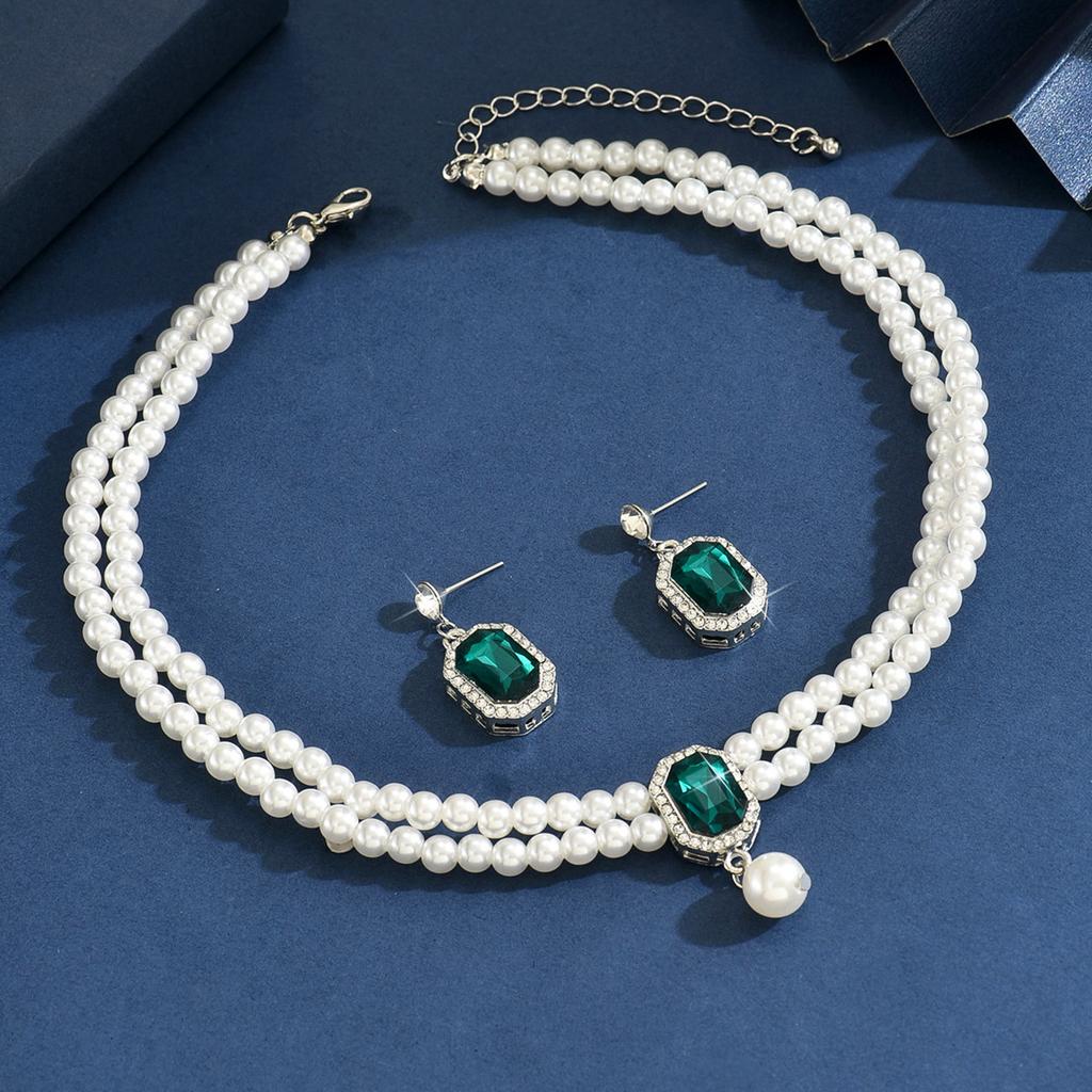 Ladies Two Layer Pearl Shines Oblong Crystal Necklace & Ear Drop Jewelry Set