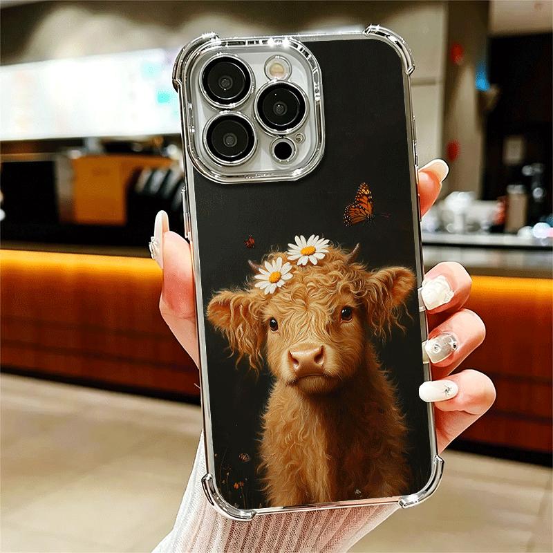 Cute Highland Cow Plating Phone Case For Iphone 16 17 Pro Max Air 16E 14 15 Plus 12 13 Mini Anti-Fall Airabag Cover