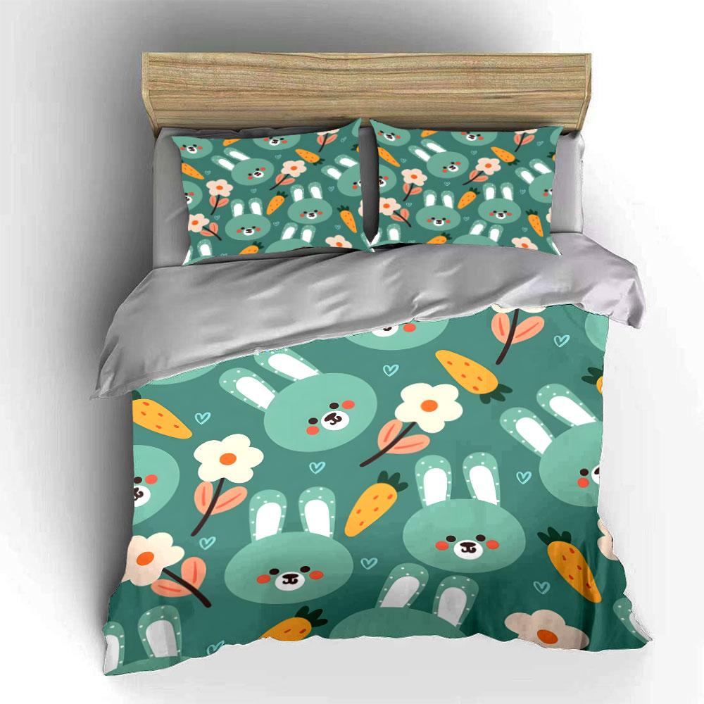 Cute Bunny Carrot Floral Pattern Duvet Cover Set Digital Print Colorful Polyester Bedding With Zipper Closur For Kids Gifts