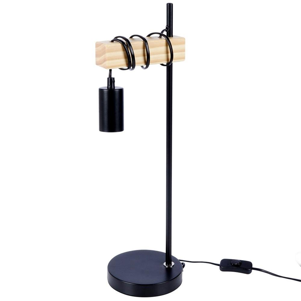 Lampa Stołowa Nocna na Szafkę Lampka Metalowa Drewniana Czarna Loftowa