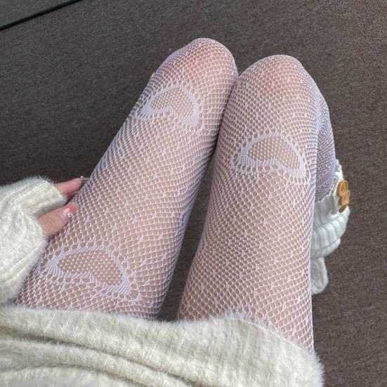 Ажурные чулки, ультратонкие декоративные белые женские колготки в сеточку с милым сердечком на весну и лето