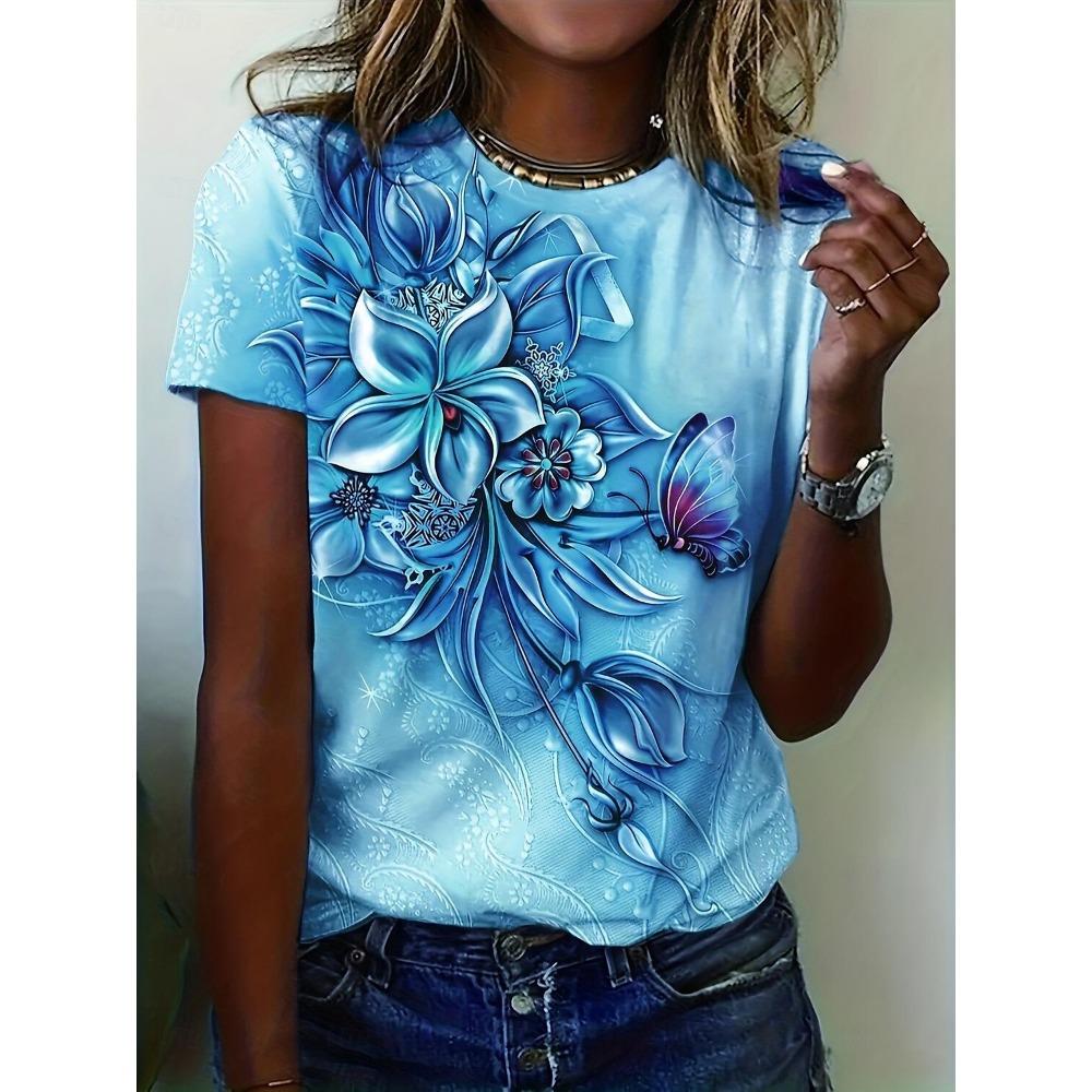 Женская футболка с цветочным принтом, круглым вырезом и коротким рукавом, с 3D-принтом бабочек, элегантная повседневная одежда, весна-лето