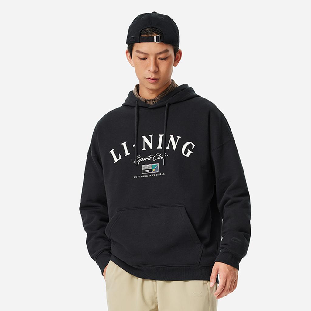 Li Ning Sports Lifestyle Series High Street American Vintage Letter Loose Hoodie Pullover Long Sleeve Sweatshirt Men Hoodie Black AWDU673-3