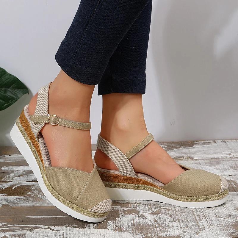 Модные разноцветные сандалии-клинья с закрытым носком, женские сандалии с ремешком на щиколотке, на толстой подошве, женские сандалии большого размера, эспадрильи на платформе, римские туфли