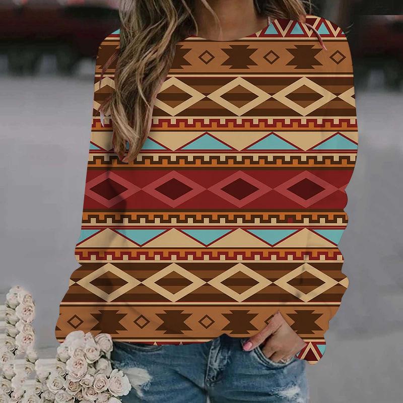 Весенне-осенний топ с круглым вырезом, 3D-принтом в этническом стиле, модная повседневная женская футболка с длинным рукавом