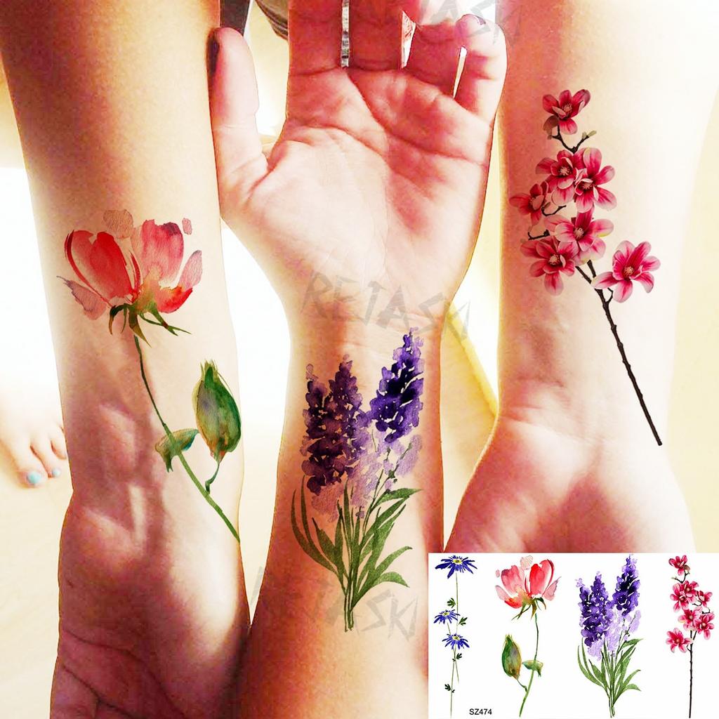 Hyacinth Daisy Temporary Tattoos For Women Girl Lavender Peony Fake Tattoo Sticker Daffodil Tulip Wrist Fashion Waterproof Tatoo