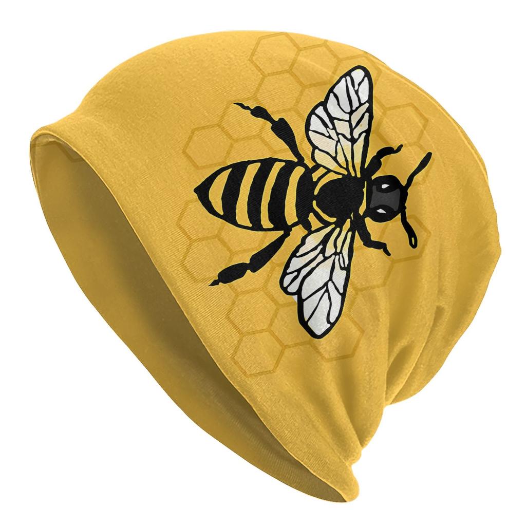 Мужская вязаная шапка-бини Just A Bee - Горчично-желтая, с рисунком пчелы и сот, Эластичная, удобная посадка, Модная оригинальная шапка для повседневной носки