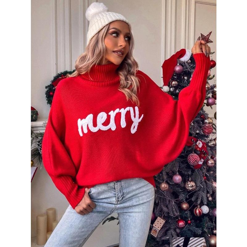 Autumn Winter High Collar Letter Patchwork Sweater Women Loose Casual Christmas Bottomed Knitting Pullover Top