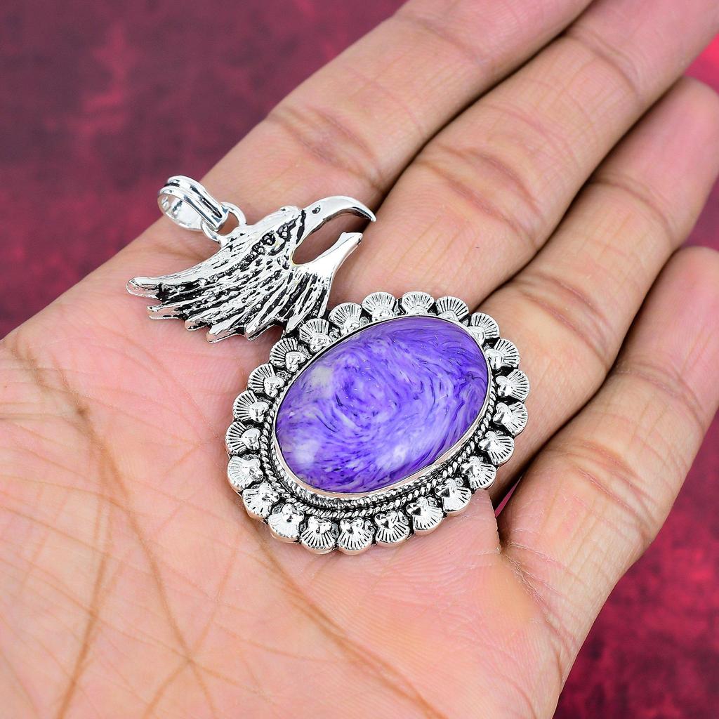 Подвеска из драгоценного камня чароит ручной работы, 925 пробы, серебряная подвеска, антикварная бижутерия, для подарка на помолвку