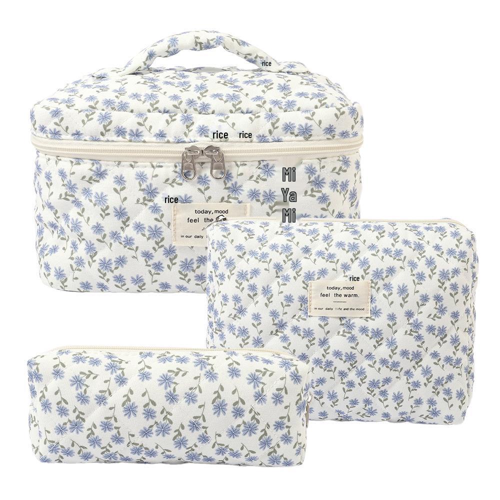 Косметичка из стеганого хлопка с цветочным принтом большой вместимости - Портативная и милая для путешествий или для студенток