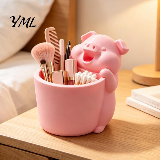 Home Office Organization 3D Printed Cute Piggy Storage Pot, Cartoon Pig Shaped Pen Holder, Small Items Bucket Makeup Brush Organizer, Multifunctional