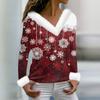 Женская мода повседневная плюшевая кофта с длинным рукавом и V-образным вырезом с рождественским принтом