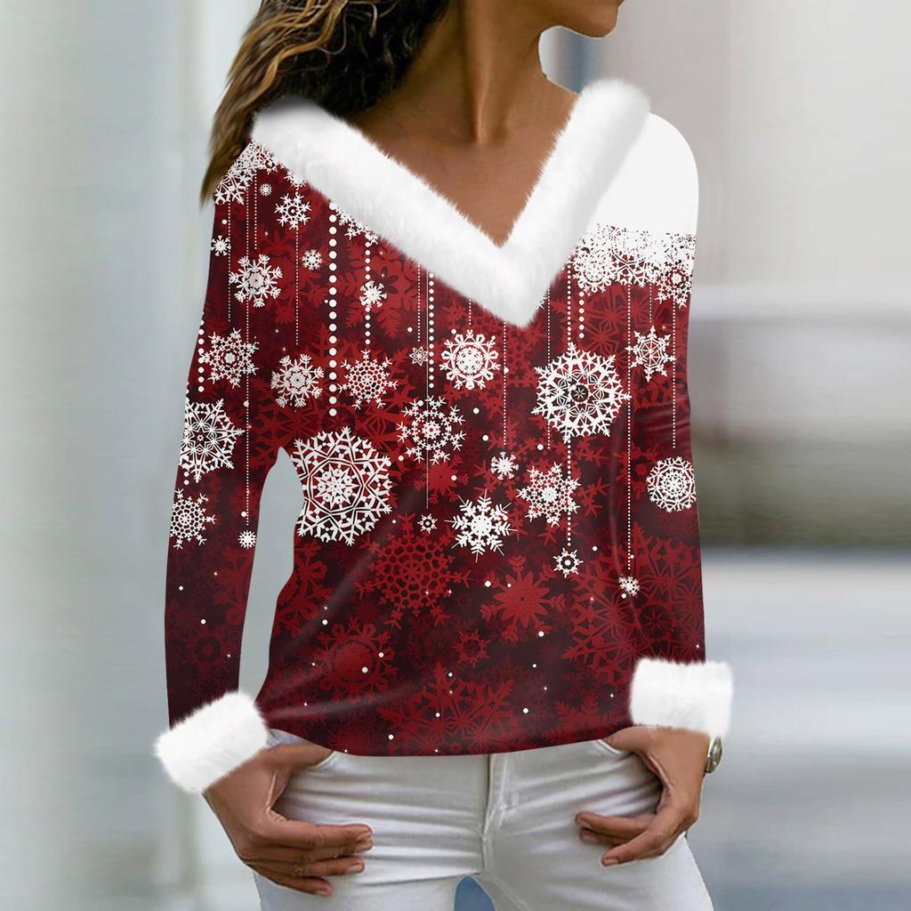 Женская мода повседневная плюшевая кофта с длинным рукавом и V-образным вырезом с рождественским принтом