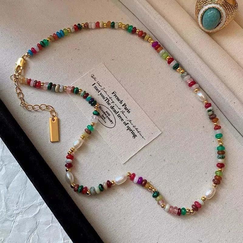 New Trendy Colorful Beads Stone Natural Pearl Choker Necklaces for Women Girls Vintage Gold Color Necklaces Bracelet Zircon Set